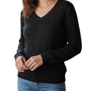 Kim Rogers Long Sleeve V-neck Cable Pullover Sweater-Size L-Black/color specs